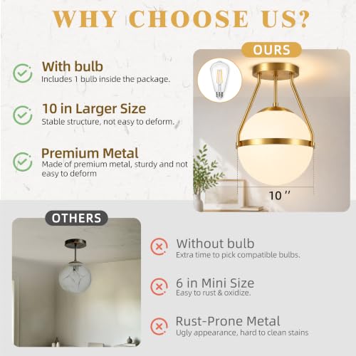 10" Modern Semi Flush Mount Ceiling Light Fixture Mid Century Ceiling Light Globe Ceiling Light Fixture with Milk Glass Shade Brass Finish for Kitchen Island Hallway Living Room