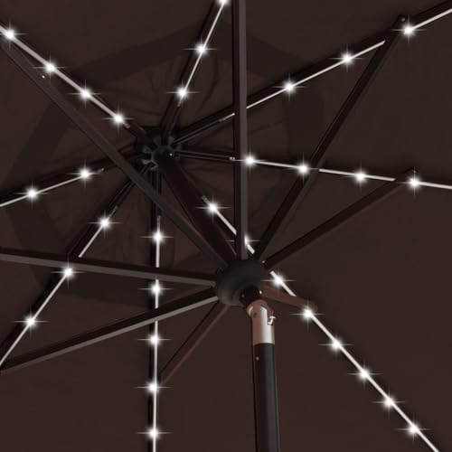 USA 10-Year-Non-Fading 9ft 3-Tier Market Patio Umbrella, Commercial Table Umbrella with 80 Solar LED Lights, Crank Open, Windproof & UPF 50+ UV Protection for Garden, Deck, Pool, Backyard, Chestnut