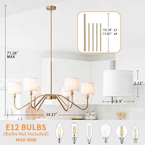 Modern Gold 6-Lights Chandelier, 39" Pendant Light with White Fabric Shade Adjustable Classic Chandelier Light Fixtures for Kitchen Island Dining & Living Room Entryway
