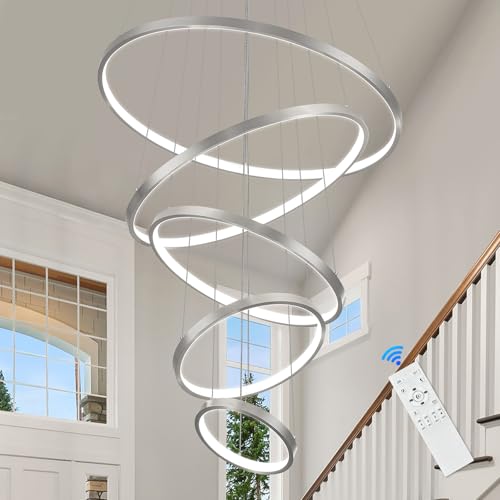 5 Rings Brushed Nickel Ring Chandeliers Moedrn LED Chandeliers Dimmable Foyer Chandelier for High Ceiling Dimmable Contemporary Nickel Chandelier for Living Room Staircase Entryway