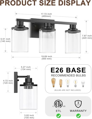 20 Inch 3 Light Black Bathroom Vanity Light ETL Listed