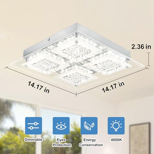 LED Ceiling Light Square Crystal Flush Mount Ceiling Light Chrome Dimmable