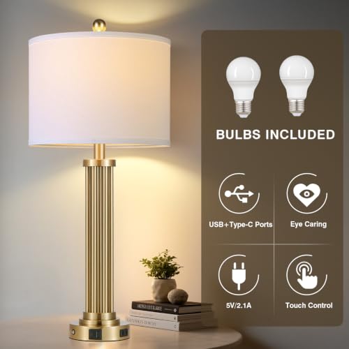 28" Tall Modern Table Lamps Set of 2 with USB C+A Ports and AC Outlet (2 Count)