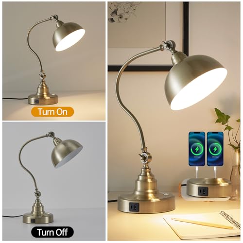 Dimmable Touch Control Antique Brass Swing Arm Desk Lamp with Charging Port