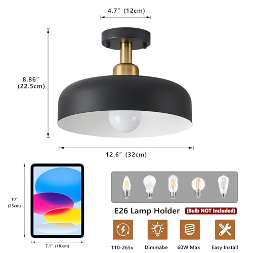 Black and Gold Modern Semi Flush Mount Ceiling Light Fxiture 12.6 in