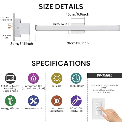 Modern LED Bathroom Vanity Light 36 inch 24W Dimmable 3CCT Bathroom Light Fixture Over Mirror Rectangle Bath Vanity Light Bar with Double Layer Acrylic Shade (36 inch(es))