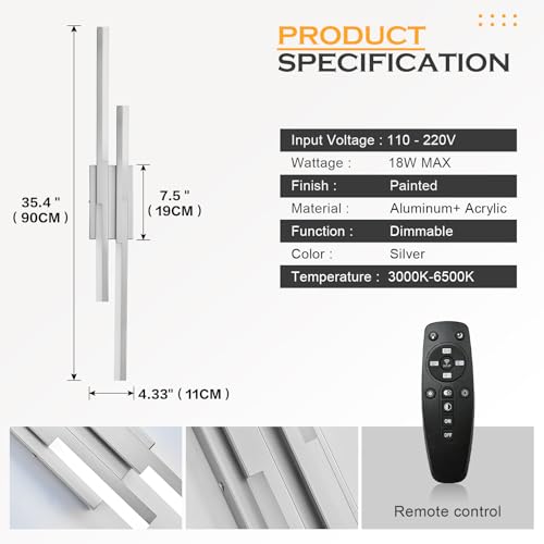 Modern LED Wall Sconce Silver Remote Wall Light Fixtures for Bathroom