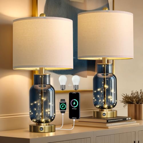 22" Glass Table Lamps Set of 2 with LED Nightlight for Bedroom (2 Count)