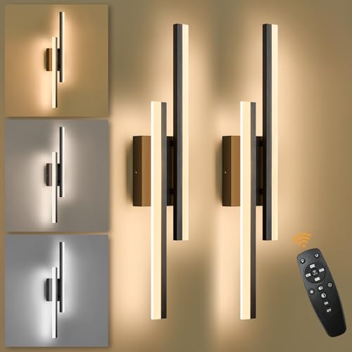 LED Wall Sconce Set of 2 Black Remote Modern LED Vanity Lights Set of 2 Indoor Wall Light Fixtures for Living Room