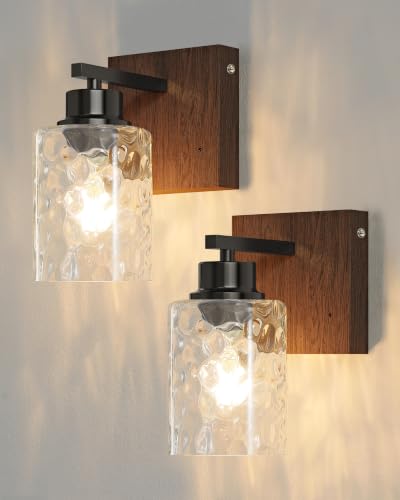 Hammered Glass Battery Operated Wall Sconces Set of Two Black & Walnut
