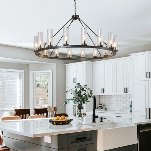 16 Light Large Wagon Wheel Chandelier with Clear Glass Shade Black Round Pendant Light Farmhouse Industrial Chandeliers Dining Room Light Fixture for Stair Living Room Foyer Kitchen
