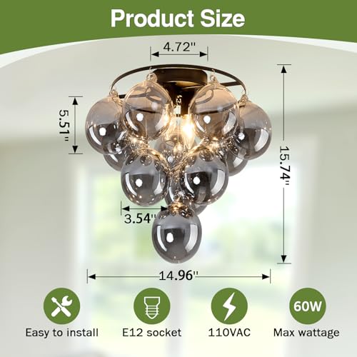 Modern Sputnik Ceiling Light Fixture 2 Light Flush Mount Chandelier with 11 Glass Globe Black Dining Room Light Fixture for Living Room Master Bedroom Kitchen Farmhouse