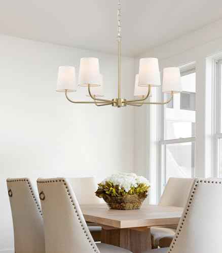 6-Light Brushed Gold Pendant Chandelier with White Linen Shades, E12 Base - Farmhouse & Industrial Style for Kitchen, Living Room, Dining Room, or Bedroom Lighting
