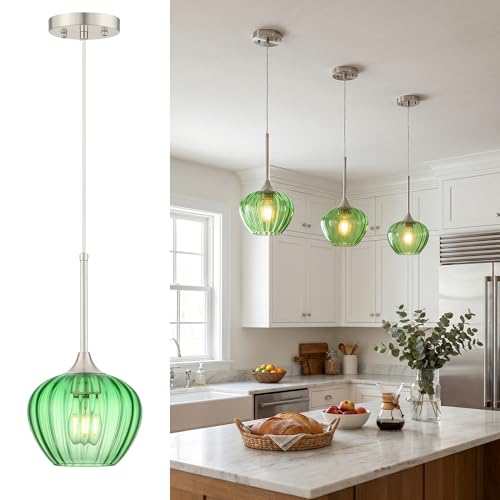 Green Glass Pendant Lights Kitchen Island with Brushed Nickel FInish