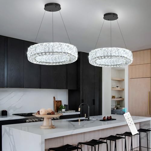 16 Inch Chandelier Glam Dimmable LED Crystal Chandeliers Luxury Round Pendant Lighting Fixtures for Dining Room Bedrooms Black