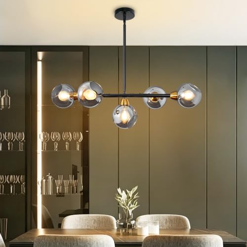 Black and Gold Linear Chandelier 5 Lights Sputnik Pendant Light 36.6 Inch