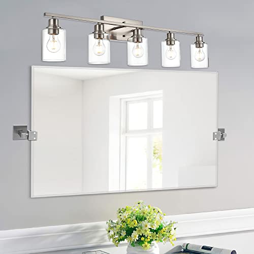 5 Light Bathroom Vanity Light Fixtures in Brushed Nickel Finish Indoor Wall Sconce Lighting Over Mirror with Clear Glass Shade for Living Room (5 Count)