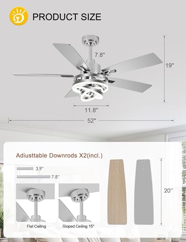 52" Modern Chandelier Ceiling Fans with Lights Silver