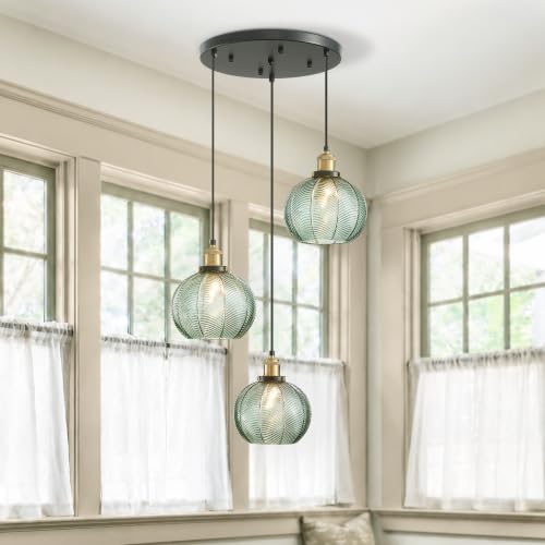 3 Light Vintage Green Striped Glass Cluster Pendant Light