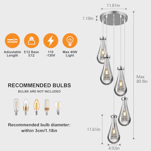 Raindrop Pendant Lights Kitchen Island Teardrop Chrome Hanging Light Fixtures Clear Solid Glass Pendant Light Modern Chandeliers for Dining Room Porch Corridor Living Room (5 Count)