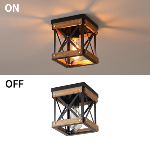 Rustic Farmhouse Wood Flush Mount Ceiling Light Fixture Oak Wood and Metal Square Cage Small Semi Flush Mount Ceiling Light for Kitchen Hallway Entryway Bedroom Farmhouse Country