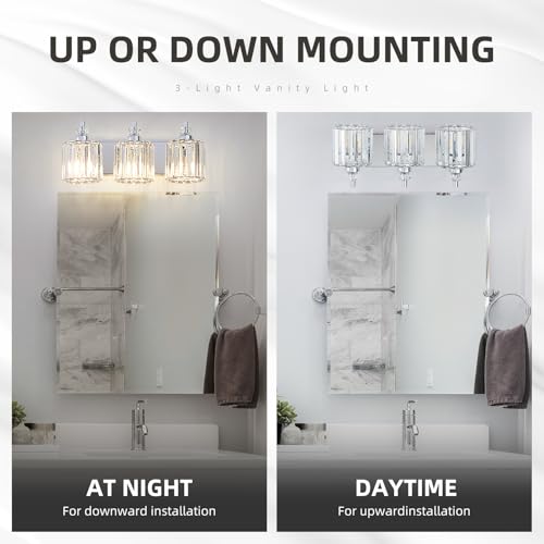 3 Light Modern Bathroom Light Fixture Chrome Bathroom Vanity Lights Over Mirror Wall Sconce Lighting with K9 Crystal Shades E26 Base for Bedroom