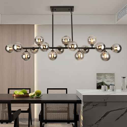 Mid Century Modern Chandelier 55in Linear Bubble Chandeliers 16-Light Black & Gray Sputnik Pendant Lighting Fixture for Dining Room Kitchen Island