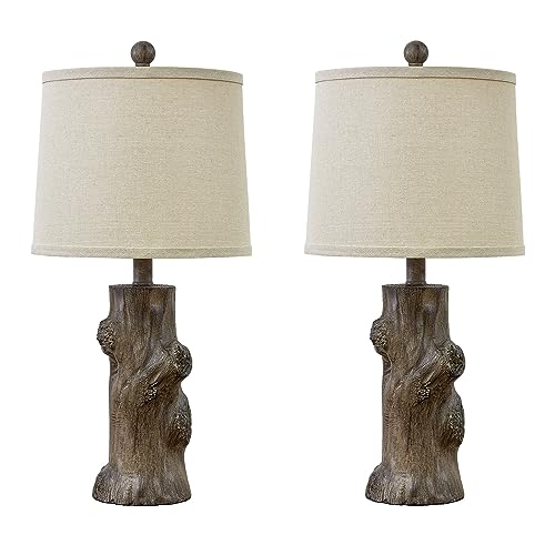 23"Resin Table Lamps for Living Room Set of 2 Country Cottage Farmhouse Lamp for Bedroom Tree Trunk Wood Grain with Oatmeal Fabric Round Shade Vintage Rustic Traditional Nightstand Bedside Lamp