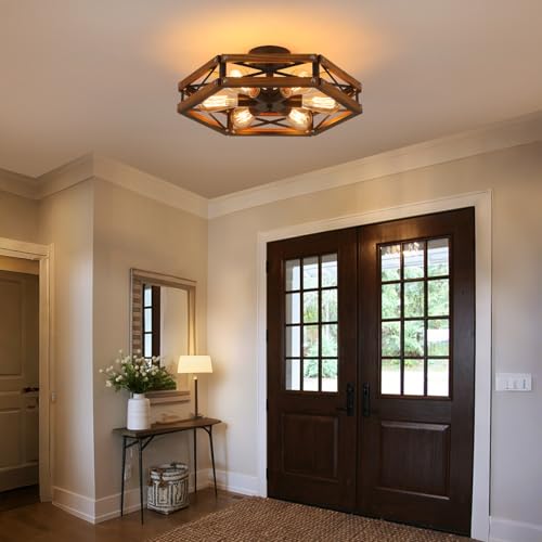 2 Pack 6 Light Large Rustic Farmhouse Wood Flush Mount Ceiling Light Fixture 20 inch Oak Wood and Metal Cage Semi Flush Mount Ceiling Light for Hallway Entry Farmhouse Bedroom Living Room (2 Count)