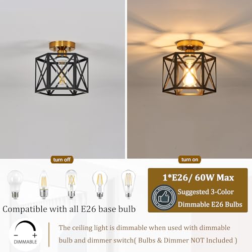 Black and Gold Modern Farmhouse Metal Semi Flush Mount Ceiling Light 9.5 in