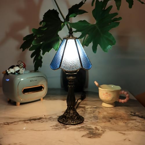 Tiffany Style Table Lamp Sea Blue Diamond Stained Glass Lamp 14 Inch