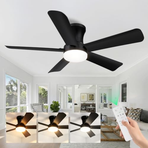 42 Inch Black Low Profile Ceiling Fan with Light and Remote (Black / 42 Inch)