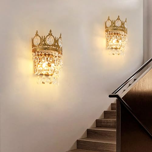 Glam Crystal Wall Sconces Gold Wall Light Empire Luxury Vanity Lighting for Bedroom Living Room Dining Room Wall Lighting Fixtures Set of 2 (2 Count)