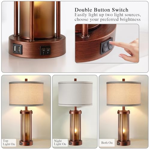 Set of 2 Farmhouse Table Lamps for Living Room with 2 USB Ports (2 Count)