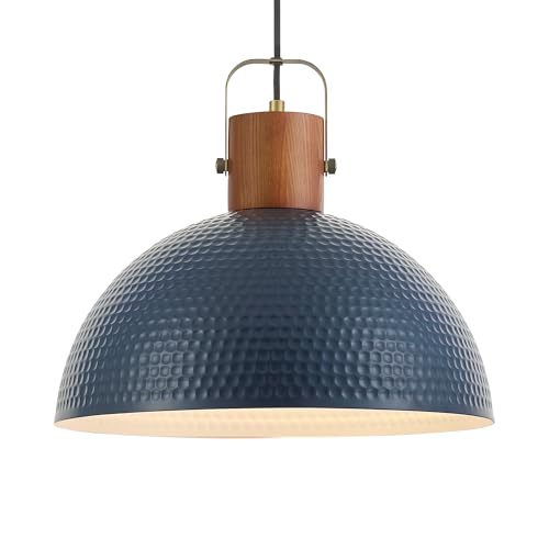 16” Large Ash Wood Pendant Light with Hammered Blue Metal & Brushed Brass Handle Large Pendant Light Fixtures Modern Dome Hanging Lamp for Kitchen Island
