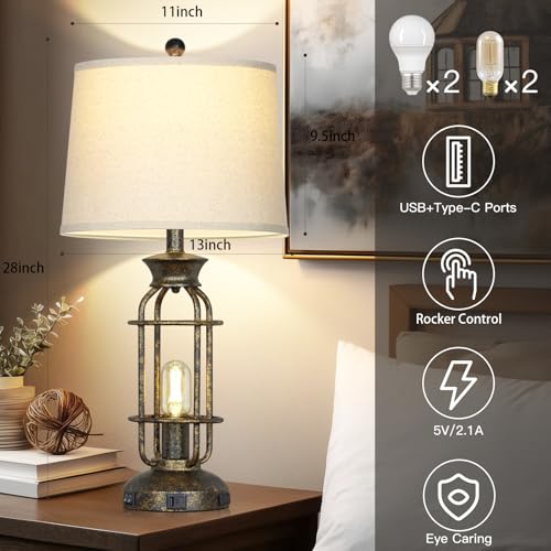 28" Tall Farmhouse Table Lamp with USB C+A Charging Ports & AC Outlet