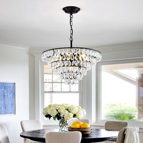 Modern Crystal Chandelier 7 Light 20" Raindrop Black Ceiling Chandelier Adjustable Hanging Light Fixture for Dining Room Foyer Entryway Staircase Living Room