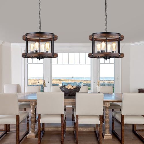 4 Light Large Rustic Farmhouse Wood Pendant Light Fixture with Adjustable Chain