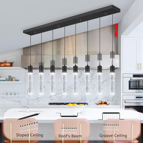8 Lights Modern Crystal Chandeliers for Kitchen Island Pendants Lighting Fixture for Dining Room LED Ceiling Light for Hallway Foyer 6000K Black