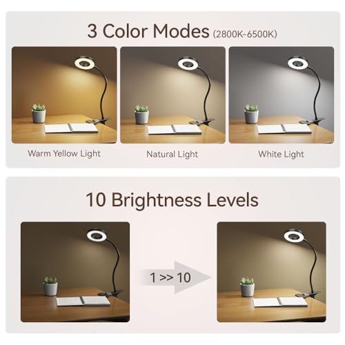 LED Desk Lamp Clip on Light with 3 Color Modes 10 Brightness Ring