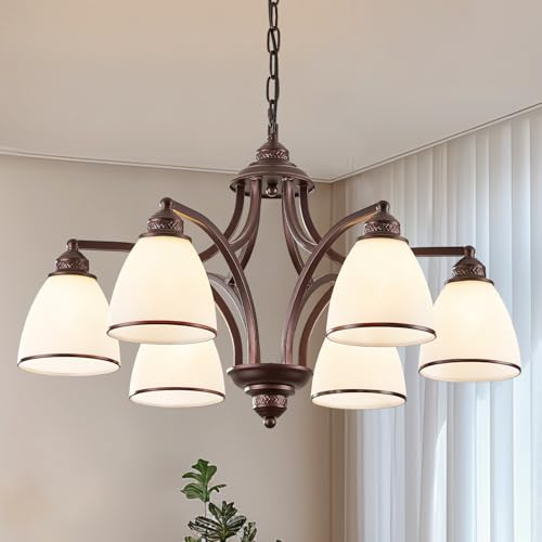 6 Light Oil Rubbed Bronze Farmhouse Chandelier Light Fixture for Kitchen Antique Matte Brown Ceiling Hanging Lamp Adjustable 47" Max Pendant Light for Dining Room Table