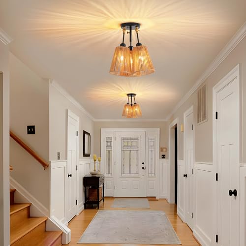 3 Light Rattan Boho Ceiling Light Adjustable Farmhouse Fixture (1 Pack 3-Light)
