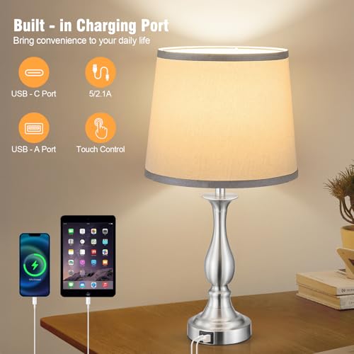 Bedside Table Lamp Touch Control Bedroom Lamps with USB A + C Charging Port 3 Way Dimmable Touch Lamps for Nightstand Living Room Bedroom Dorm Home Office Reading (2 Count)