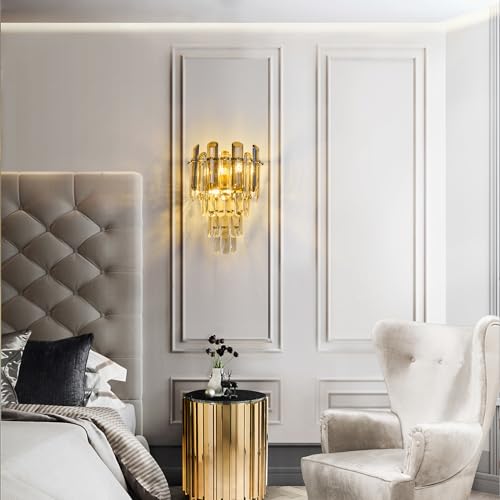 Modern Crystal Wall Sconces Gold Wall Sconce Set of Two Bathroom Vanity Light Fixtures Bedside Wall Light for Living Room Bedroom Hallway Foyer G9 Bulbs (2 Count)