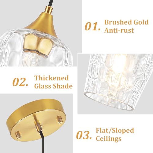 Hammered Glass Pendant Lights Brushed Gold Kitchen Lighting Over Island (3 Count)