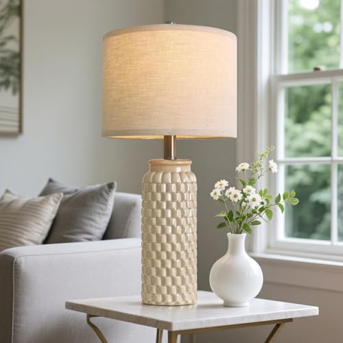 24" Modern Ceramic Bedside Lamp Set of 2 for Bedroom Decor Farmhouse Table Lamp for Living Room Office Dorm Cream (2 Count)