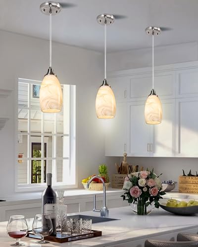Mini Pendant Lights Kitchen Island Beige Marble Glass Lamp Shade Hand Blown Glass Pendant Light with Brush Nickel Finish Adjustable Cord for Kitchen Over Sink Hallway