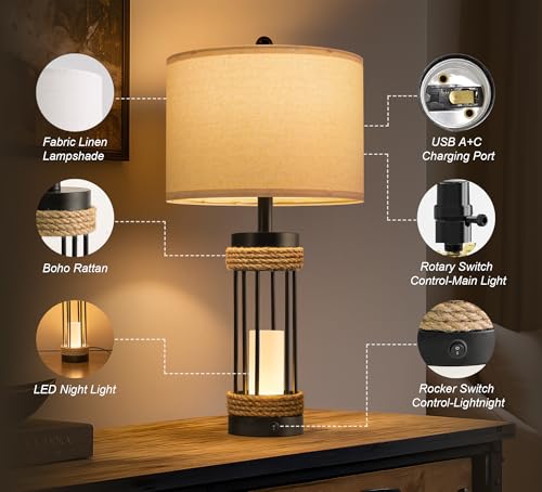 25" Table Lamps Set of 2 with Night Light (2 Count)