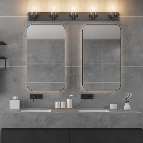 Matte Black Bathroom Vanity Light Fixtures 5 Lights Industrial Lighting Fixtures Over Mirror with Clear Glass Shade