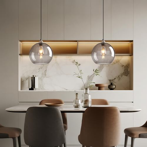 Light Grey Glass Pendant Lights Kitchen Island Globe Pendant Light Fixtures Modern Pendant Lighting for Bedroom Living Dining Room Light Fixture